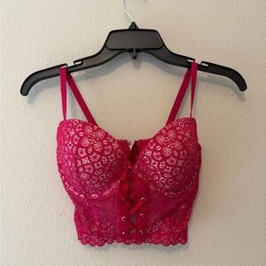 Lace Up Longline Lace Bralette - Fuchsia Pink